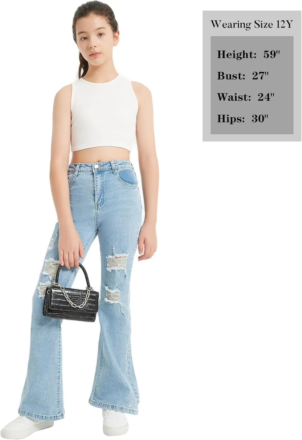 EXARUS Girls Flare Jeans Bell Bottom Full Length Denim Flared Pants Kids Mid Rise Elastic Band with Pockets
