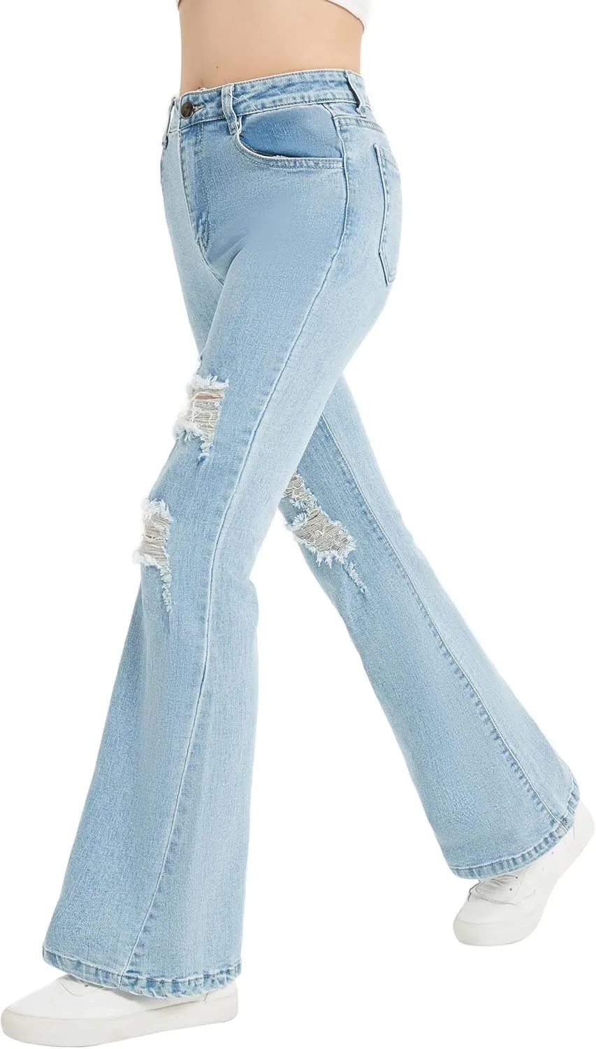 EXARUS Girls Flare Jeans Bell Bottom Full Length Denim Flared Pants Kids Mid Rise Elastic Band with Pockets
