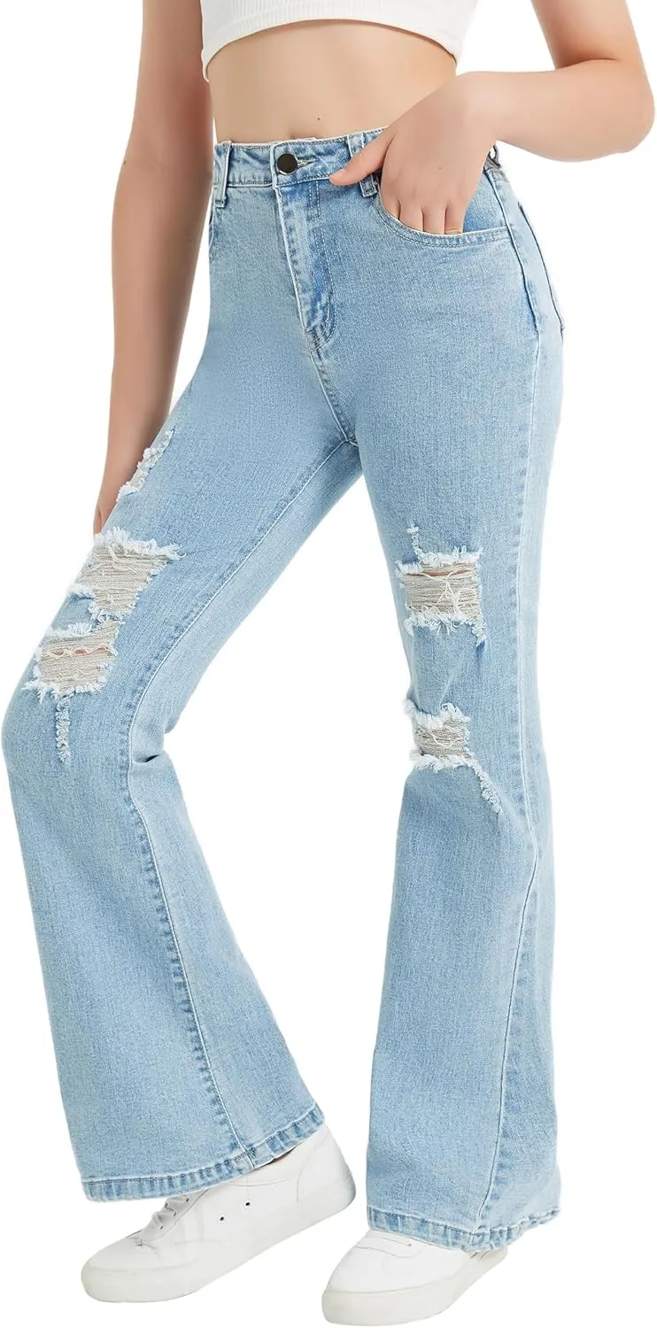 EXARUS Girls Flare Jeans Bell Bottom Full Length Denim Flared Pants Kids Mid Rise Elastic Band with Pockets