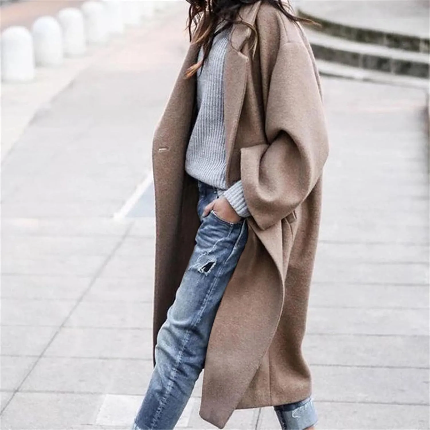 Fall Jacket for Woman Oversized Notched Collar Wool Blend Single Breast Midi Long Coat Open Front Overcoats Pockets
