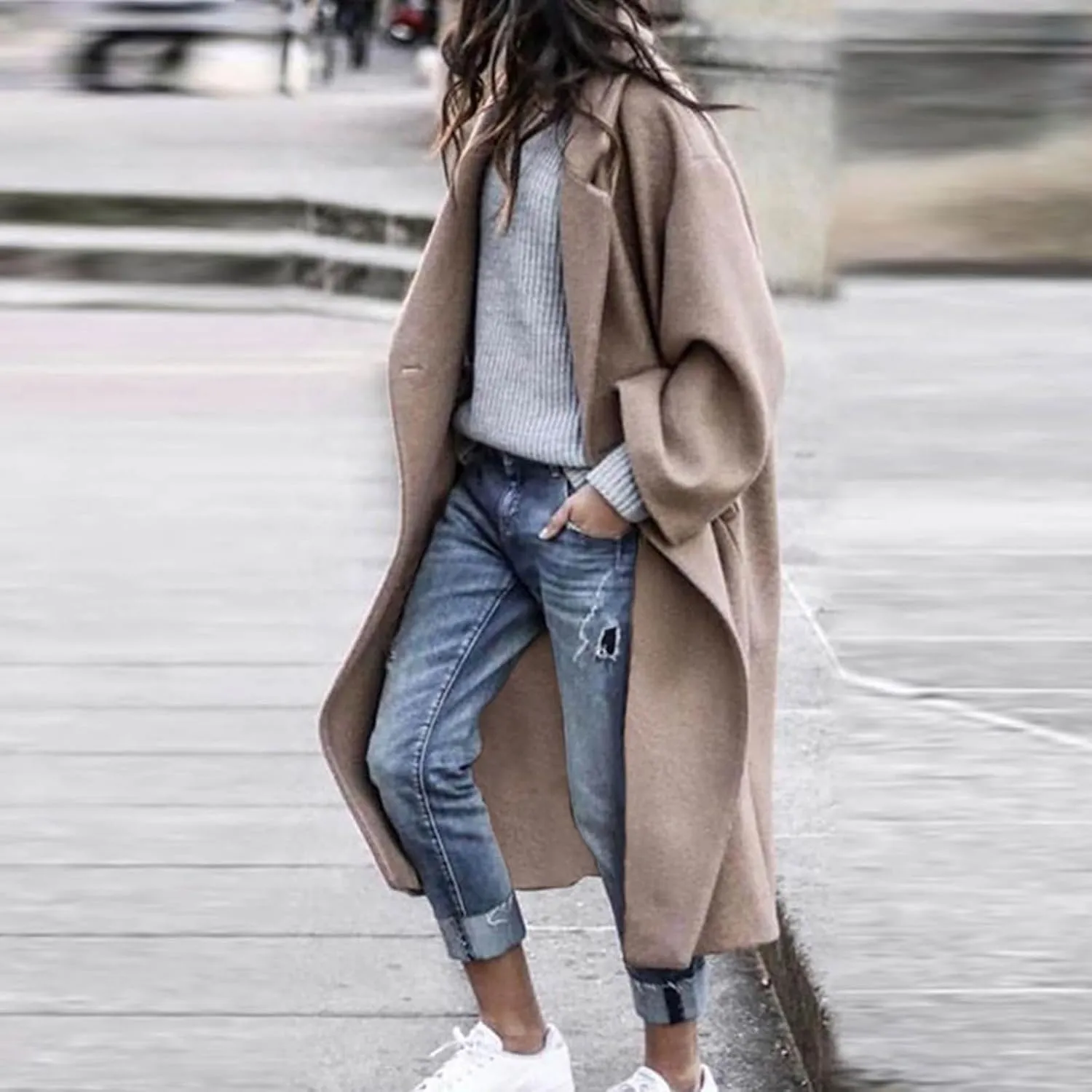 Fall Jacket for Woman Oversized Notched Collar Wool Blend Single Breast Midi Long Coat Open Front Overcoats Pockets