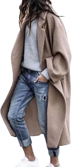 Fall Jacket for Woman Oversized Notched Collar Wool Blend Single Breast Midi Long Coat Open Front Overcoats Pockets