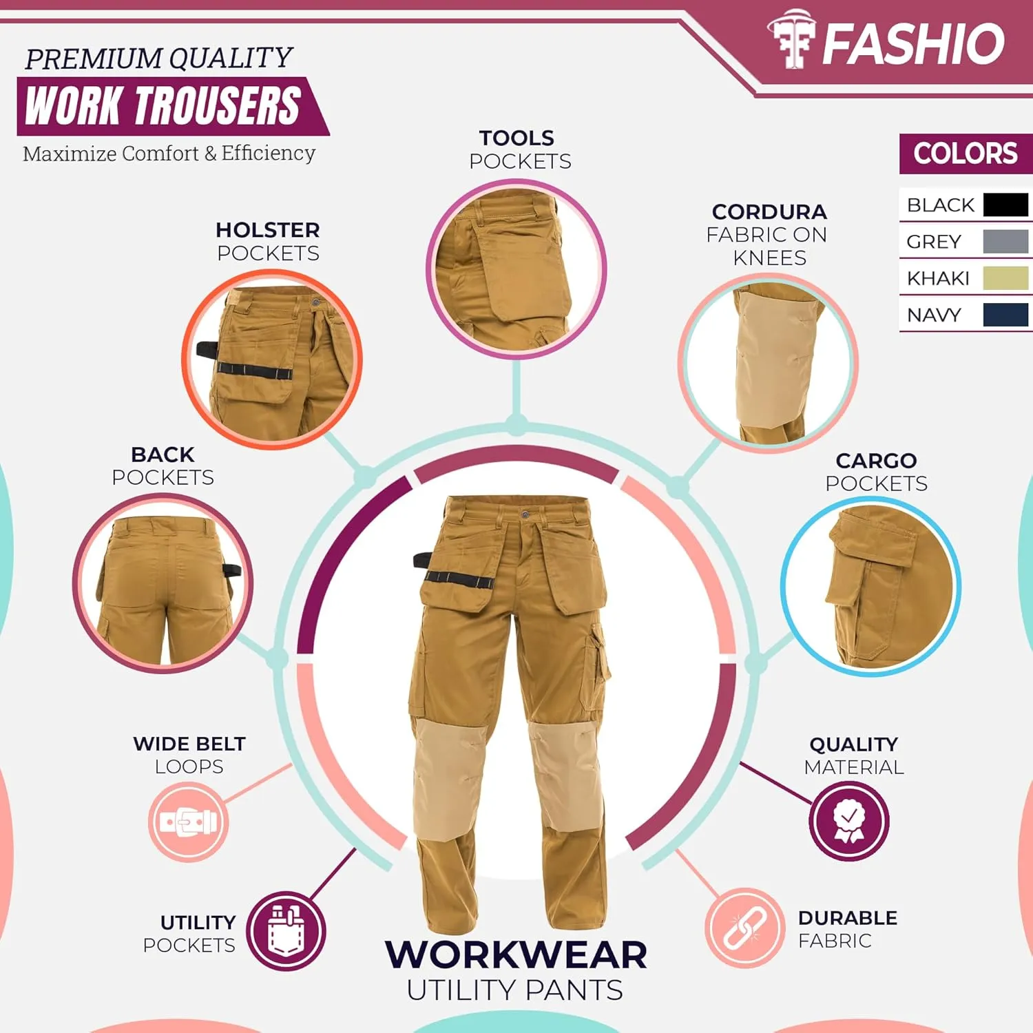 FASHIO FF Men's Tactical Field Cargo Pants Knee Reinforced Work Pants with Holster Tool & Utility Pockets Cordura Trousers