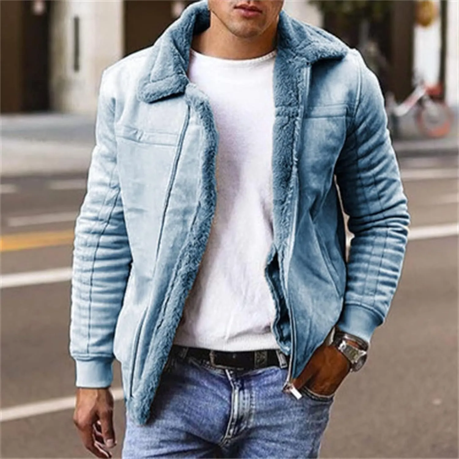 Faux Leather Bomber Jacket Men Sherpa Fleece Lined Coat Sheepskin Jackets Shearling Fur Winter Coats for Men