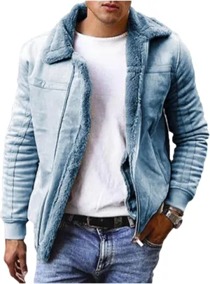 Faux Leather Bomber Jacket Men Sherpa Fleece Lined Coat Sheepskin Jackets Shearling Fur Winter Coats for Men