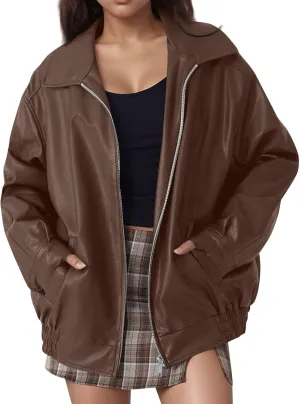 Faux Leather Jacket Women Oversized Zipper Casual Coats Trendy Motocycle Fall Jackets 2024 Trendy Clothes With Pockets