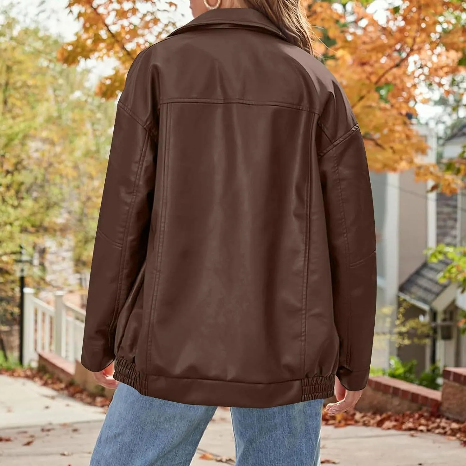 Faux Leather Jacket Women Oversized Zipper Casual Coats Trendy Motocycle Fall Jackets 2024 Trendy Clothes With Pockets