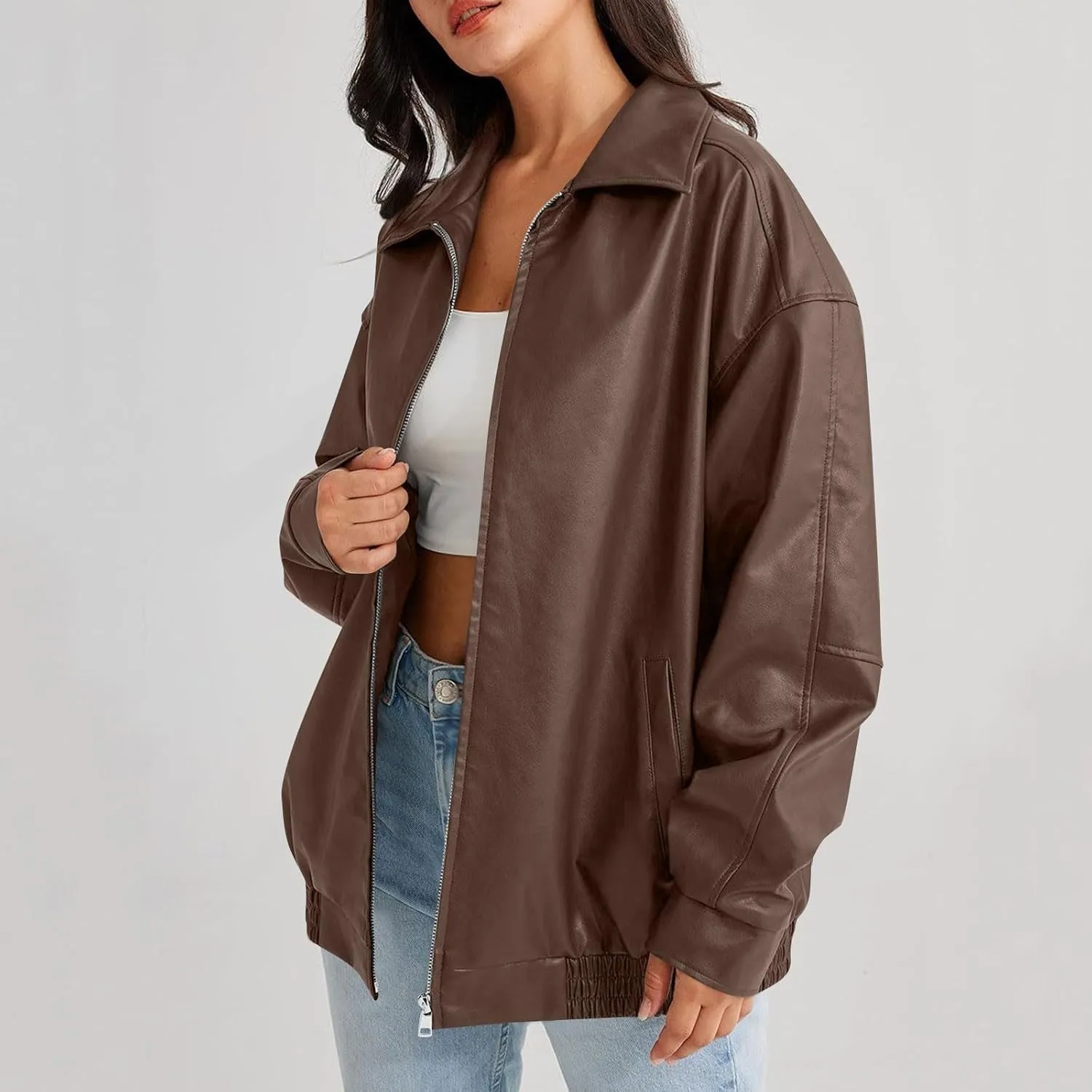 Faux Leather Jacket Women Oversized Zipper Casual Coats Trendy Motocycle Fall Jackets 2024 Trendy Clothes With Pockets