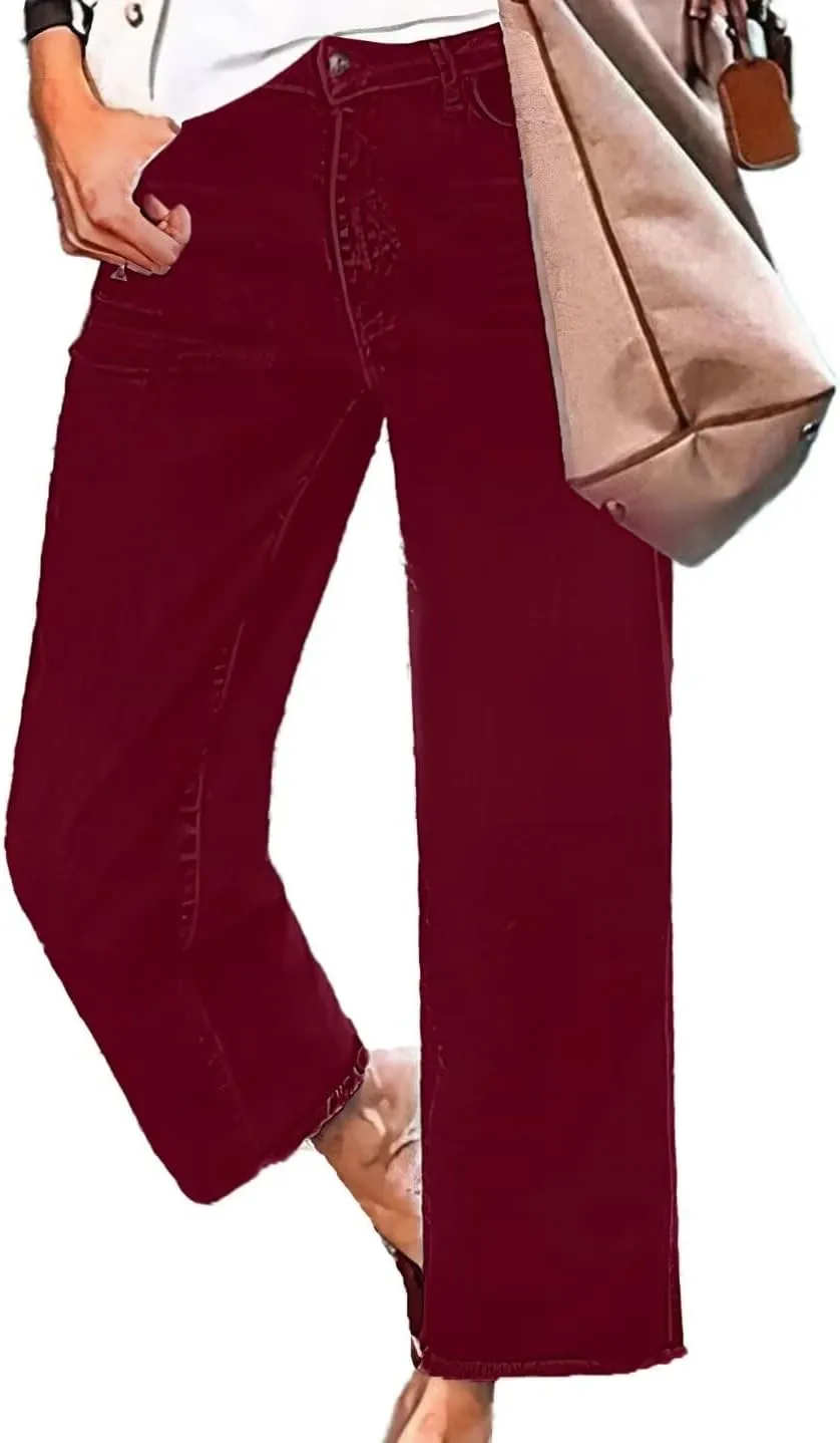 Flamingals Straight Wide Leg Jeans for Women Mid Waisted Casual Raw Hem Denim Capris Pants with Pockets