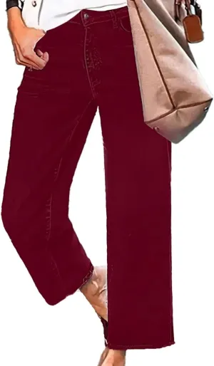 Flamingals Straight Wide Leg Jeans for Women Mid Waisted Casual Raw Hem Denim Capris Pants with Pockets
