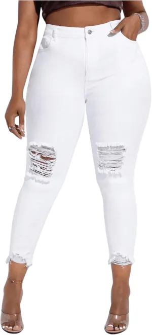 Floerns Women's Plus Size High Waist Denim Cropped Pants Ripped Skinny Raw Hem Jeans