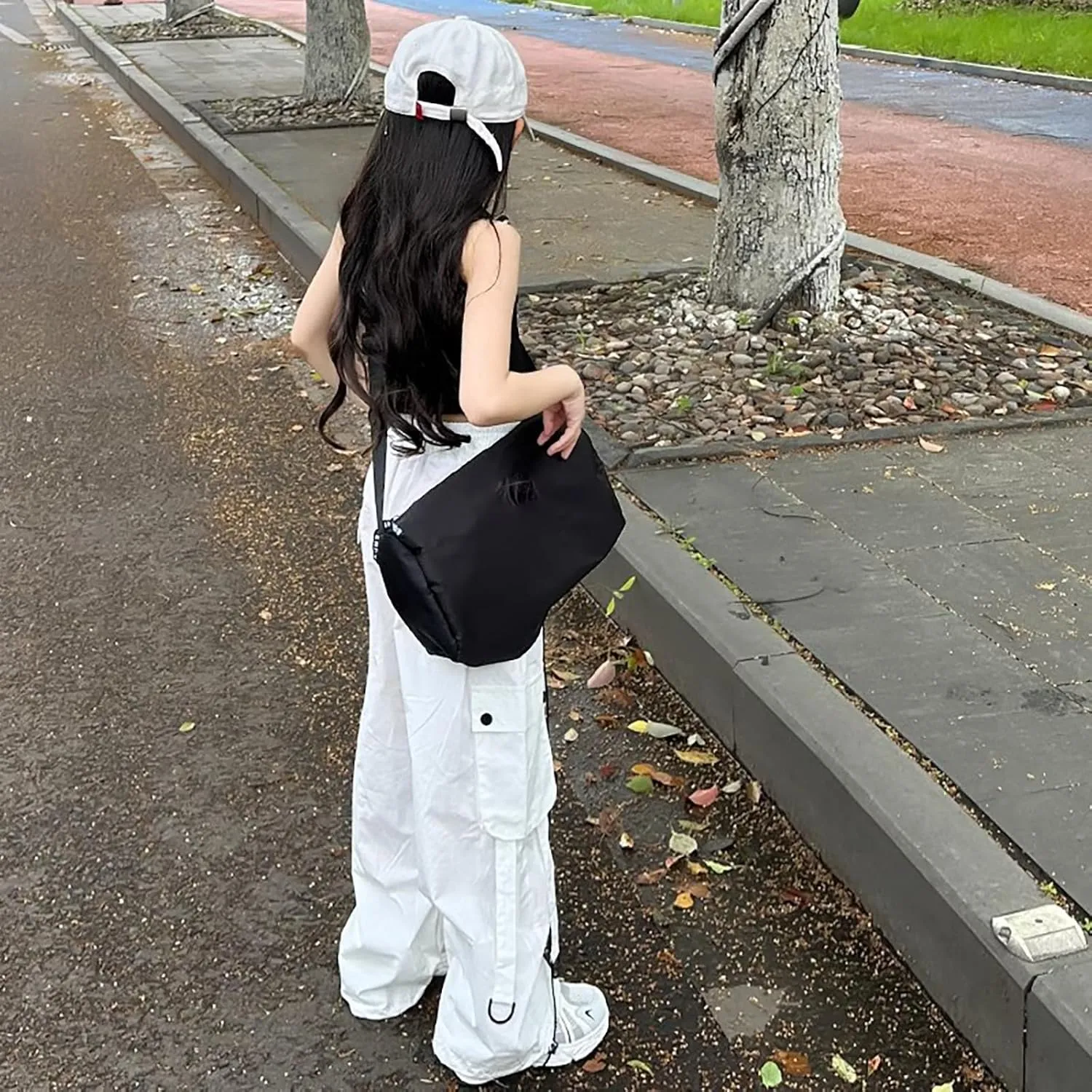 FZVYD Girls Parachute Cargo Pants Elastic High Waist Drawstring Jogger Trousers Casual Multi Pockets Streetwear Sweatpants