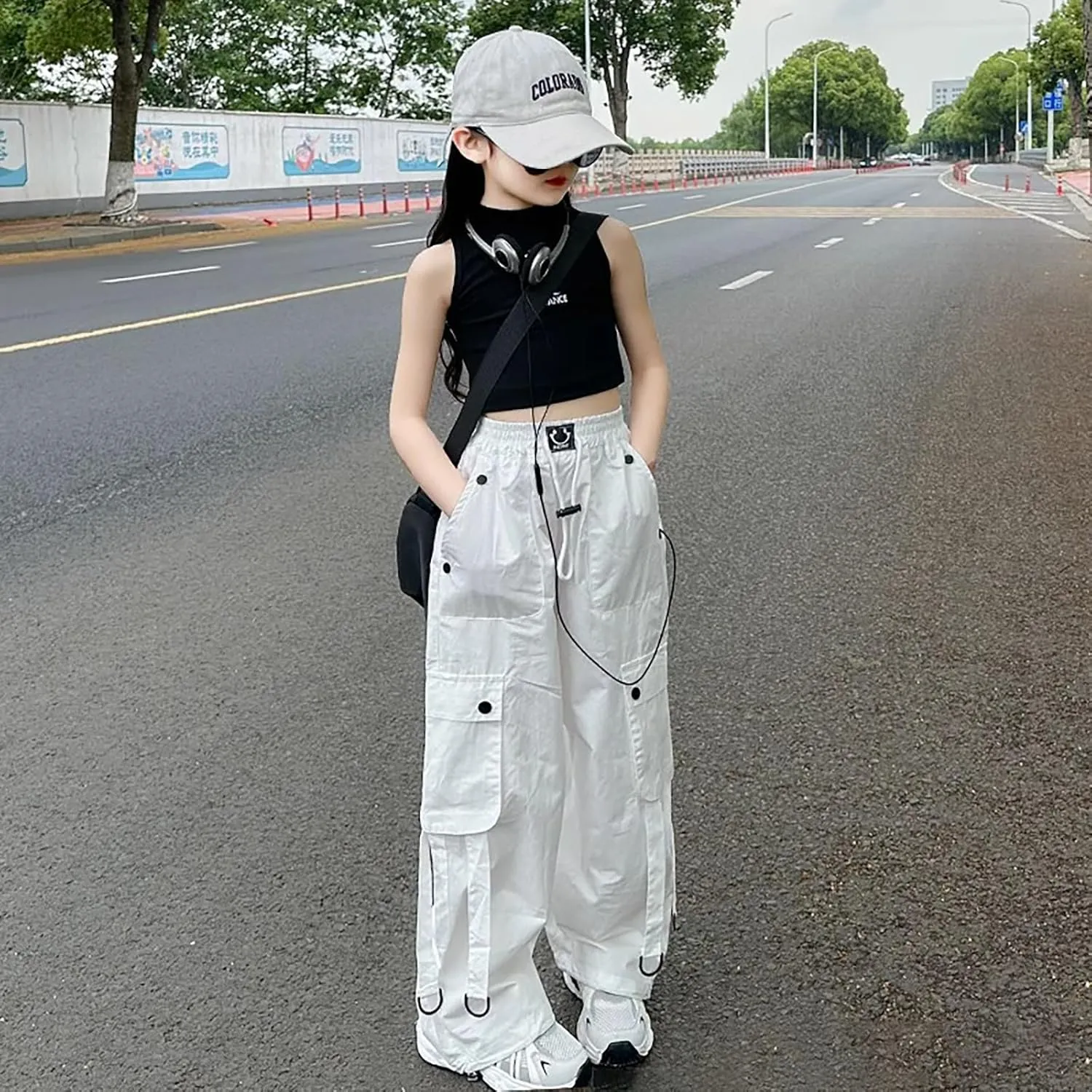 FZVYD Girls Parachute Cargo Pants Elastic High Waist Drawstring Jogger Trousers Casual Multi Pockets Streetwear Sweatpants