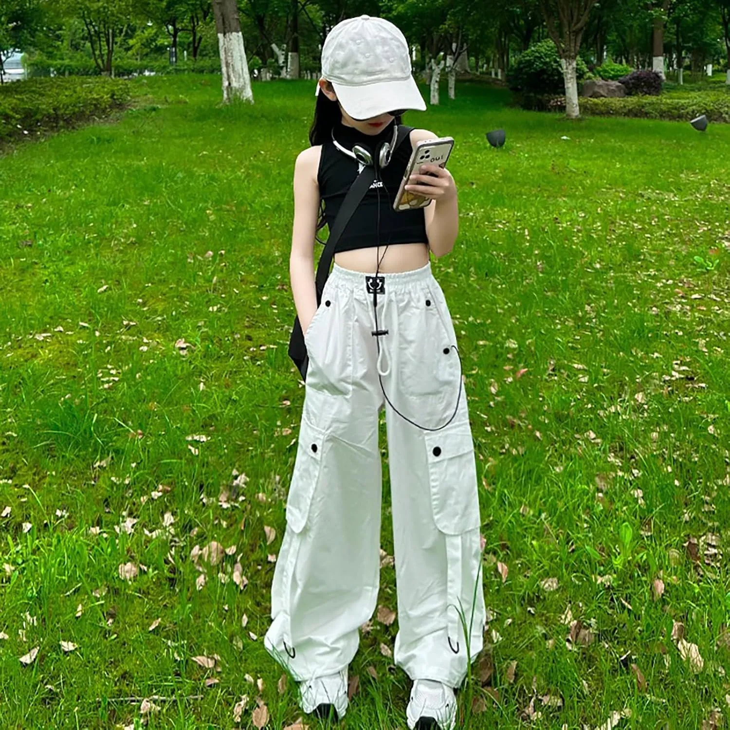 FZVYD Girls Parachute Cargo Pants Elastic High Waist Drawstring Jogger Trousers Casual Multi Pockets Streetwear Sweatpants