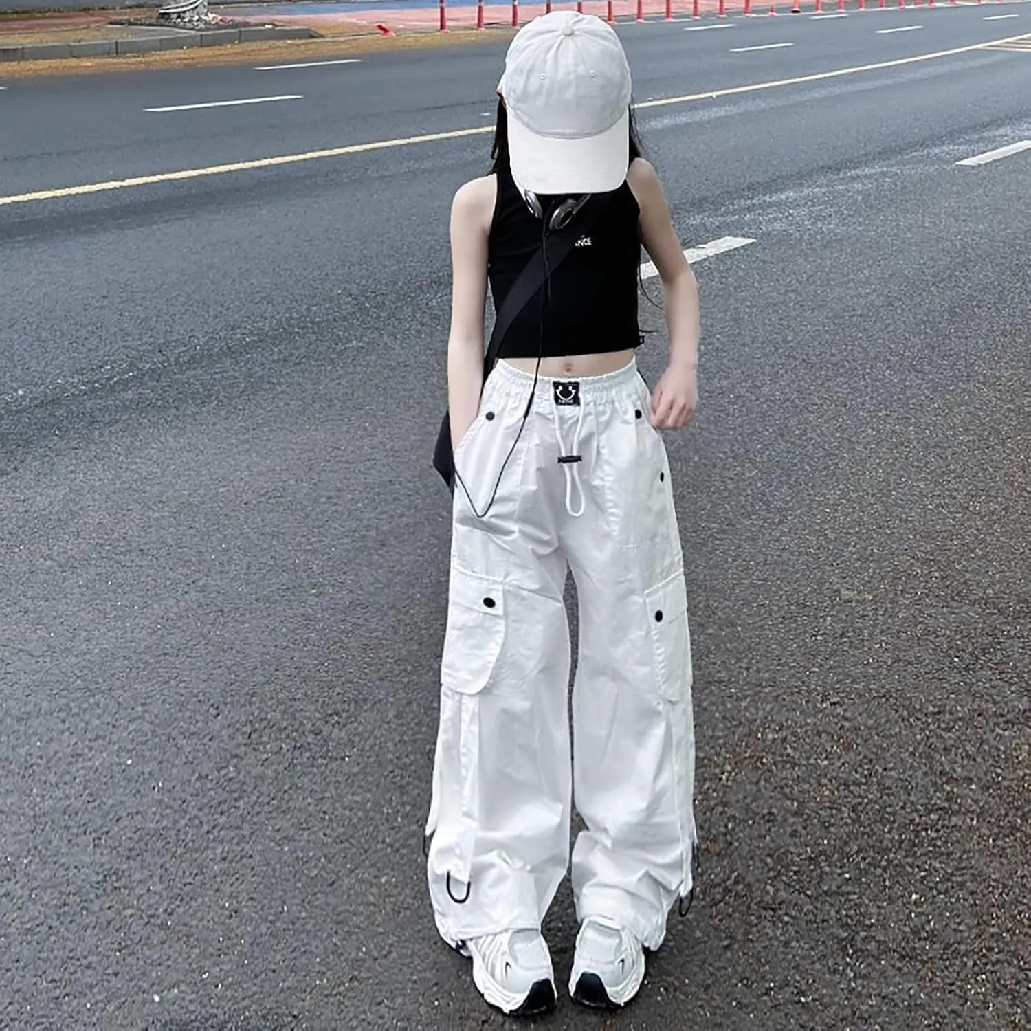 FZVYD Girls Parachute Cargo Pants Elastic High Waist Drawstring Jogger Trousers Casual Multi Pockets Streetwear Sweatpants