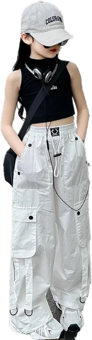 FZVYD Girls Parachute Cargo Pants Elastic High Waist Drawstring Jogger Trousers Casual Multi Pockets Streetwear Sweatpants