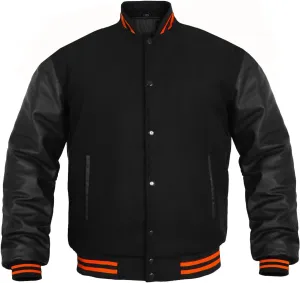 GENZ FASHION Women Varsity Jacket Genuine Leather Sleeve and Wool Blend Letterman Ladies Girls College Varsity Jackets (Black Black(Orange Line), Medium)
