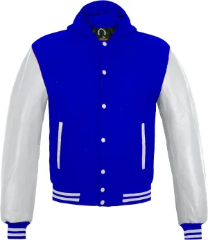 GENZ FASHION Women Varsity Jacket Genuine Leather Sleeve and Wool Blend Letterman Ladies Girls College Varsity Jackets (Blue (Hooded), X-Small)