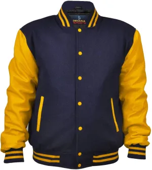 GENZ FASHION Women Varsity Jacket Genuine Leather Sleeve and Wool Blend Letterman Ladies Girls College Varsity Jackets (Navy Blue/Golden, X-Small)