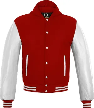 GENZ FASHION Women Varsity Jacket Genuine Leather Sleeve and Wool Blend Letterman Ladies Girls College Varsity Jackets (Red(Hooded), Medium)