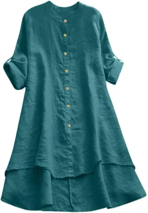 GIERIDUC Women's Linen Shirts Solid Plain Longline T-Shirt Oversized Button Down Long Tunic Tops Plus Size Blouse with Pocket