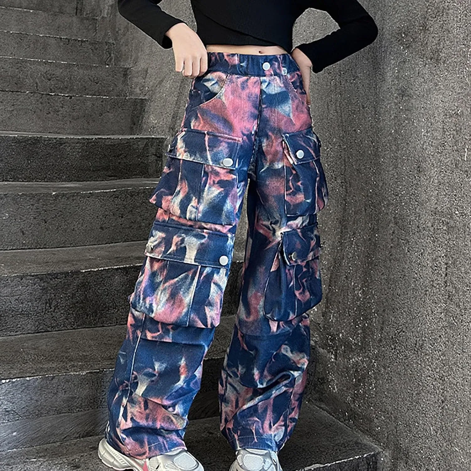 Girls Baggy Jeans Trendy Y2K Streetwear Camouflage Denim Cargo Pants Elastic High Waist Wide Leg Clothes Multi Pocket