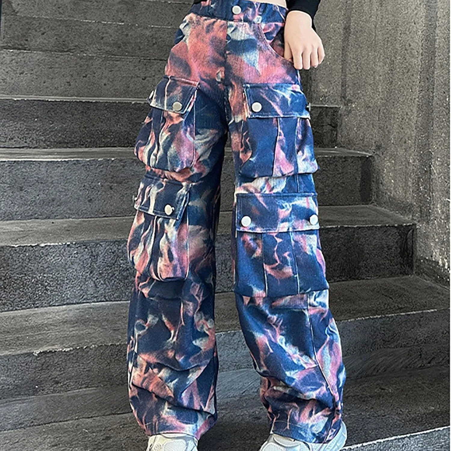 Girls Baggy Jeans Trendy Y2K Streetwear Camouflage Denim Cargo Pants Elastic High Waist Wide Leg Clothes Multi Pocket