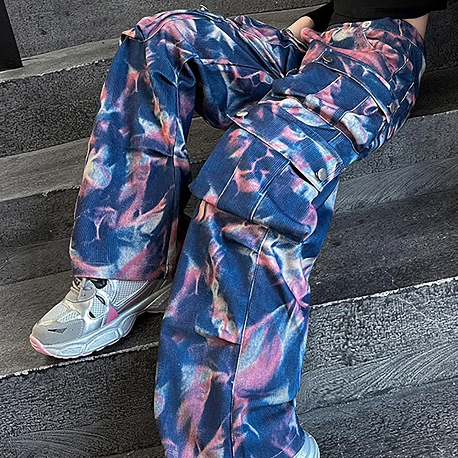 Girls Baggy Jeans Trendy Y2K Streetwear Camouflage Denim Cargo Pants Elastic High Waist Wide Leg Clothes Multi Pocket