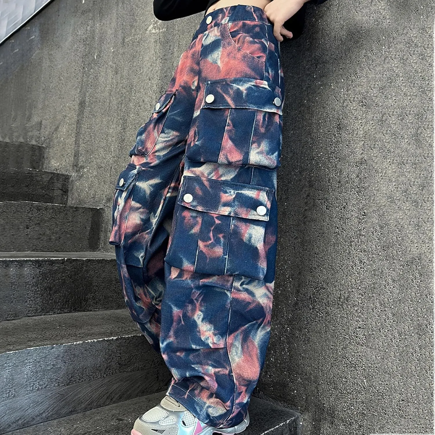 Girls Baggy Jeans Trendy Y2K Streetwear Camouflage Denim Cargo Pants Elastic High Waist Wide Leg Clothes Multi Pocket