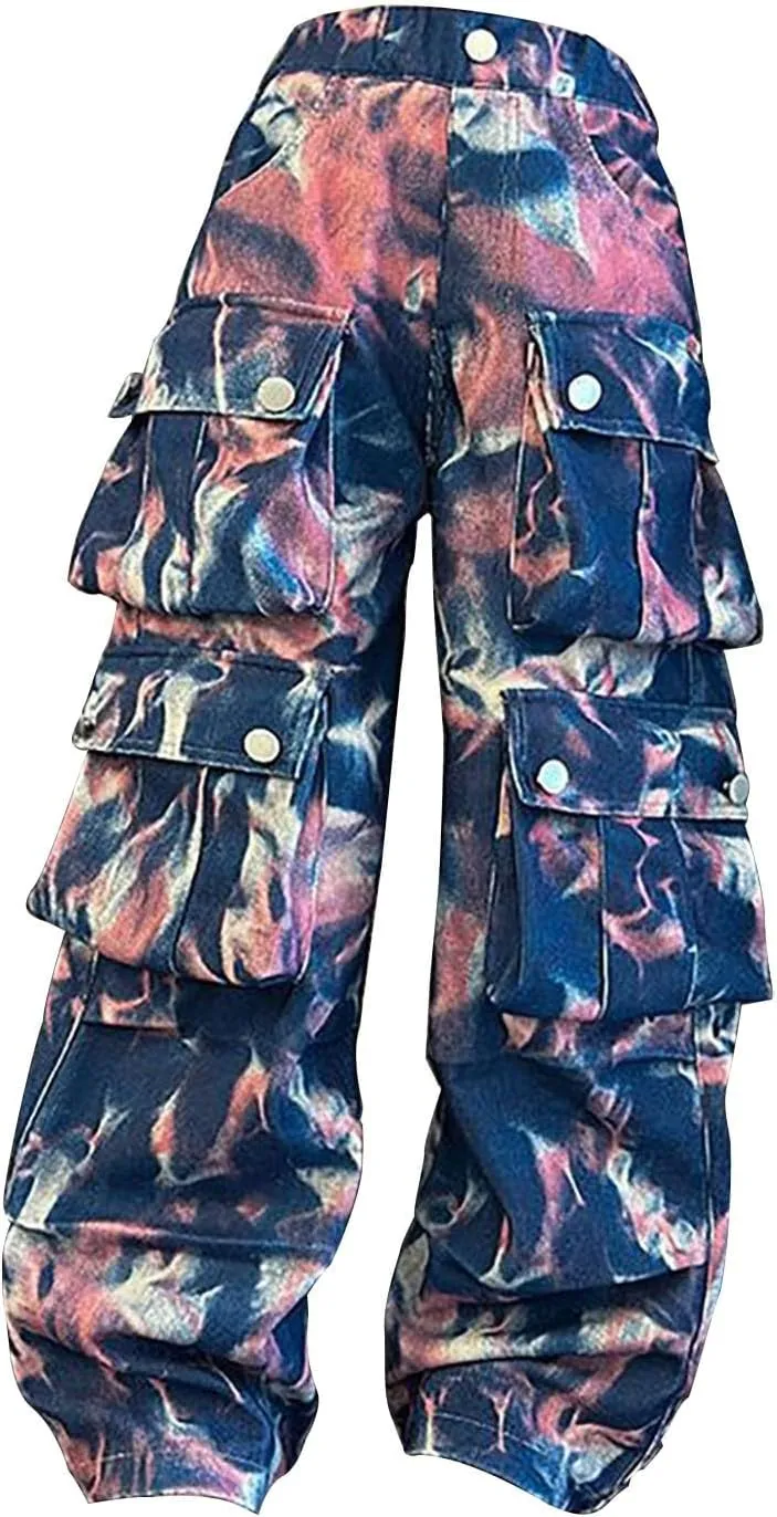 Girls Baggy Jeans Trendy Y2K Streetwear Camouflage Denim Cargo Pants Elastic High Waist Wide Leg Clothes Multi Pocket