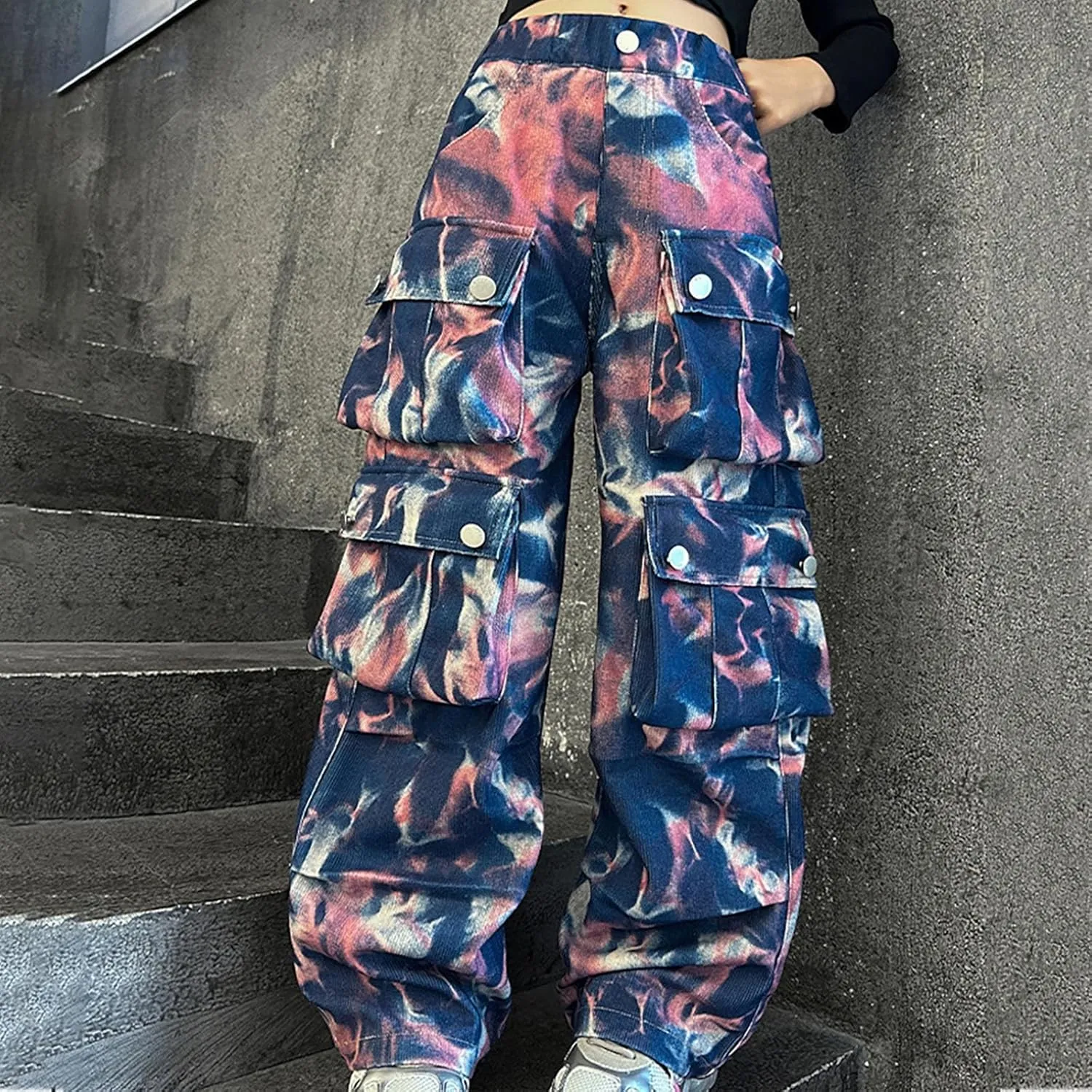 Girls Baggy Jeans Trendy Y2K Streetwear Camouflage Denim Cargo Pants Elastic High Waist Wide Leg Clothes Multi Pocket