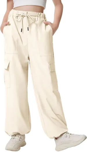 Girls Cargo Parachute Pants Y2K Kids Pants with Pockets Trendy Jogger Trousers 5-14 Years