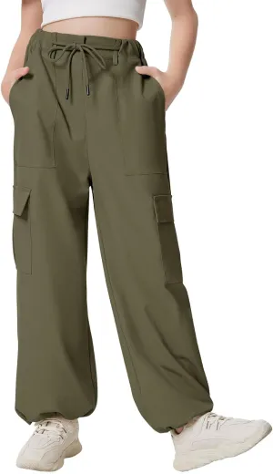 Girls Cargo Parachute Pants Y2K Kids Pants with Pockets Trendy Jogger Trousers 5-14 Years