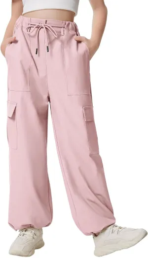 Girls Cargo Parachute Pants Y2K Kids Pants with Pockets Trendy Jogger Trousers 5-14 Years