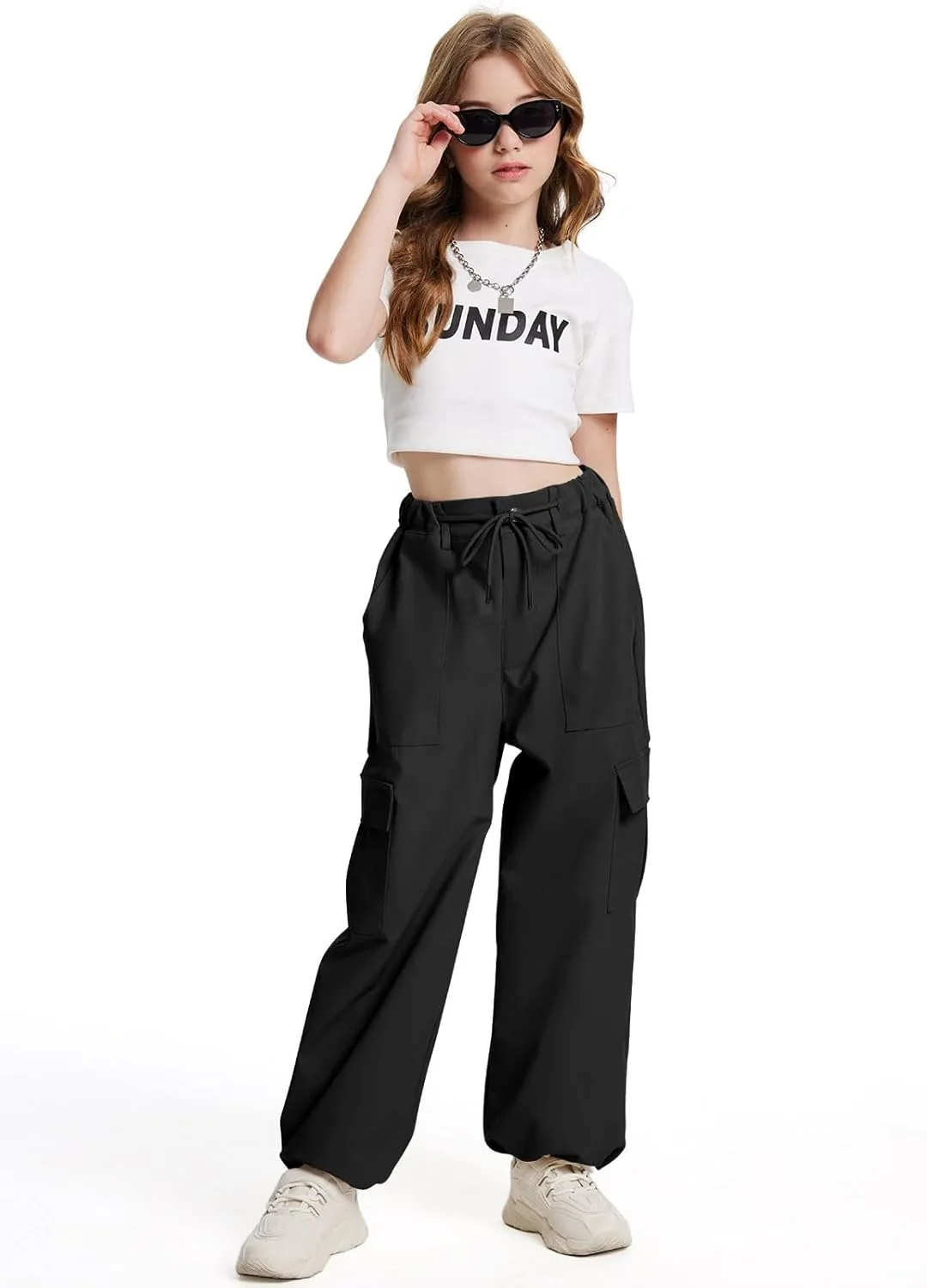 Girls Cargo Parachute Pants Y2K Kids Pants with Pockets Trendy Jogger Trousers 5-14 Years