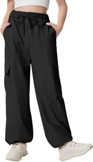 Girls Cargo Parachute Pants Y2K Kids Pants with Pockets Trendy Jogger Trousers 5-14 Years