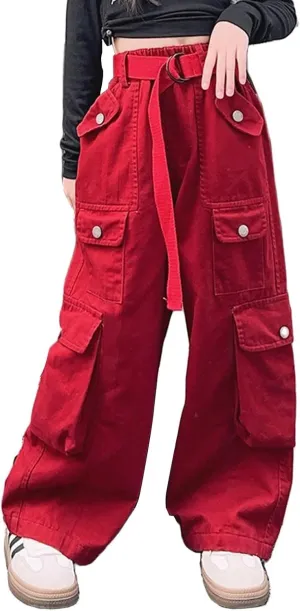 Girls Parachute Pants Y2k Cargo Pants for Girls Loose Jogger Trousers with Multi Pockets Streetwear Kids