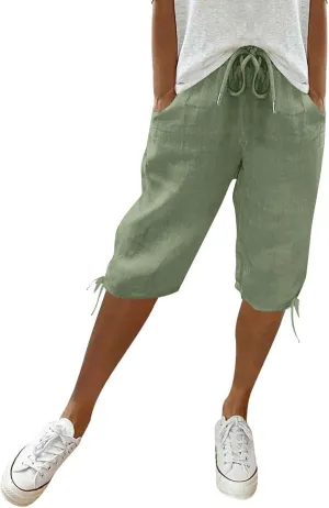 GOFULY Bermuda Shorts for Women Knee Length Cotton Linen Elastic Waist Drawstring Shorts Summer Capris Pants with Pockets