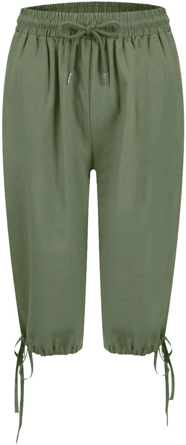 GOFULY Bermuda Shorts for Women Knee Length Cotton Linen Elastic Waist Drawstring Shorts Summer Capris Pants with Pockets