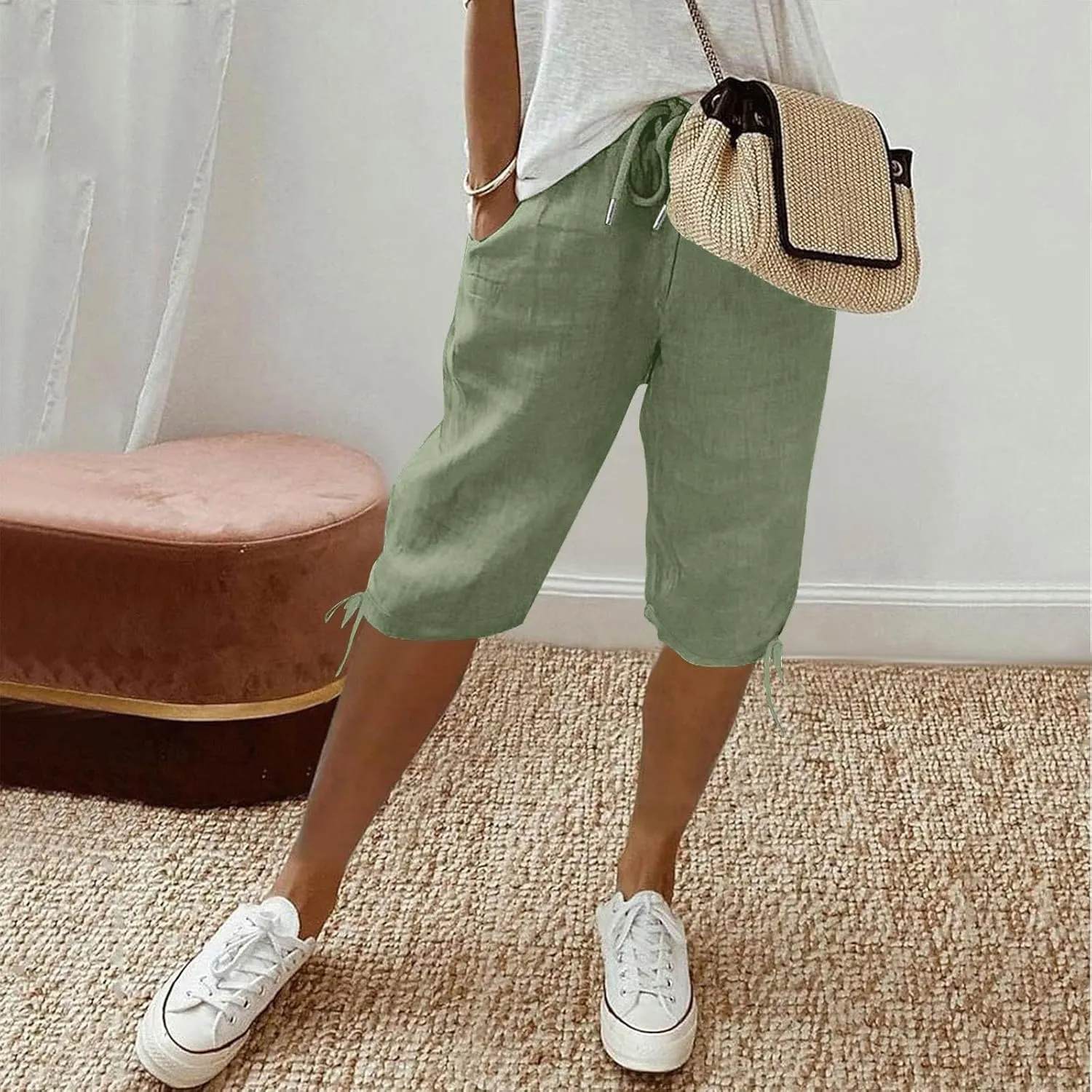 GOFULY Bermuda Shorts for Women Knee Length Cotton Linen Elastic Waist Drawstring Shorts Summer Capris Pants with Pockets