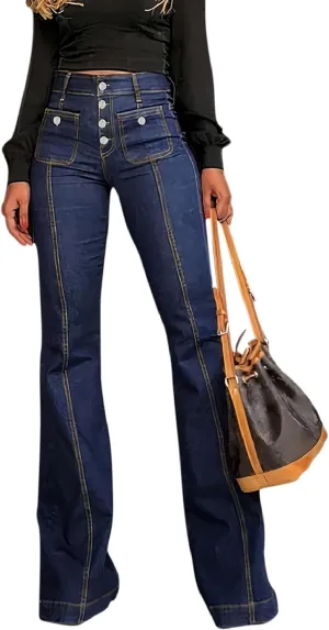 GOLDPKF Stretch Flare Jeans for Women High Waisted Tummy Control Jeans Button Fly Denim Pants Bootcut Leg Trouser Dark Blue S