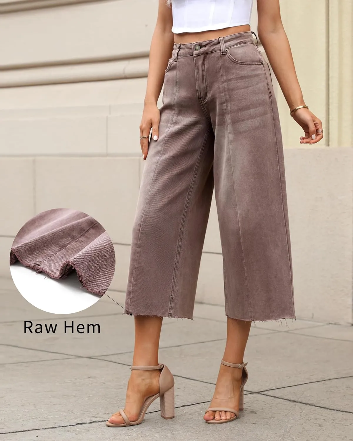 GRAPENT Jean Capris for Women Wide Leg Jeans High Waisted Seamed Front Raw Hem Denim Capri Pants Stretchy