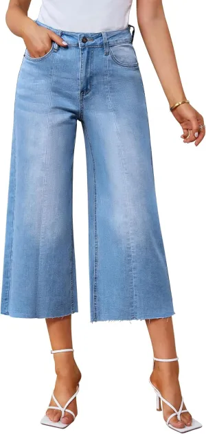 GRAPENT Jean Capris for Women Wide Leg Jeans High Waisted Seamed Front Raw Hem Denim Capri Pants Stretchy