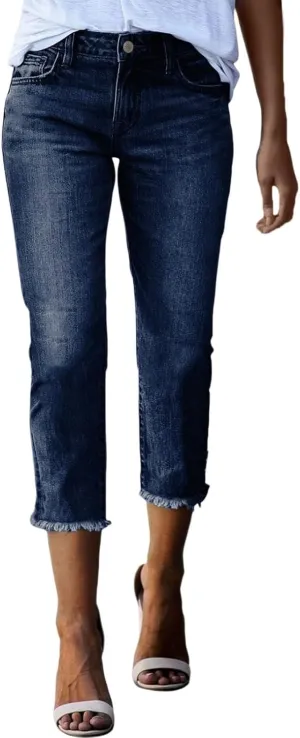 Gumipy Womens Capri Jeans High Waisted Straight Leg Ripped Skinny Jeans Raw Hem Denim Capri Pants Sexy Jeggings with Pockets