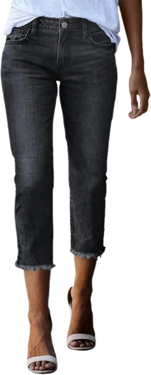 Gumipy Womens Capri Jeans High Waisted Straight Leg Ripped Skinny Jeans Raw Hem Denim Capri Pants Sexy Jeggings with Pockets