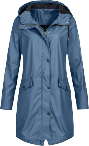 Hasta Rain Coats for Women Waterproof Plus Size Long Windbreaker Rain Jackets Slim Solid Color Outdoor Travel Trench Coats
