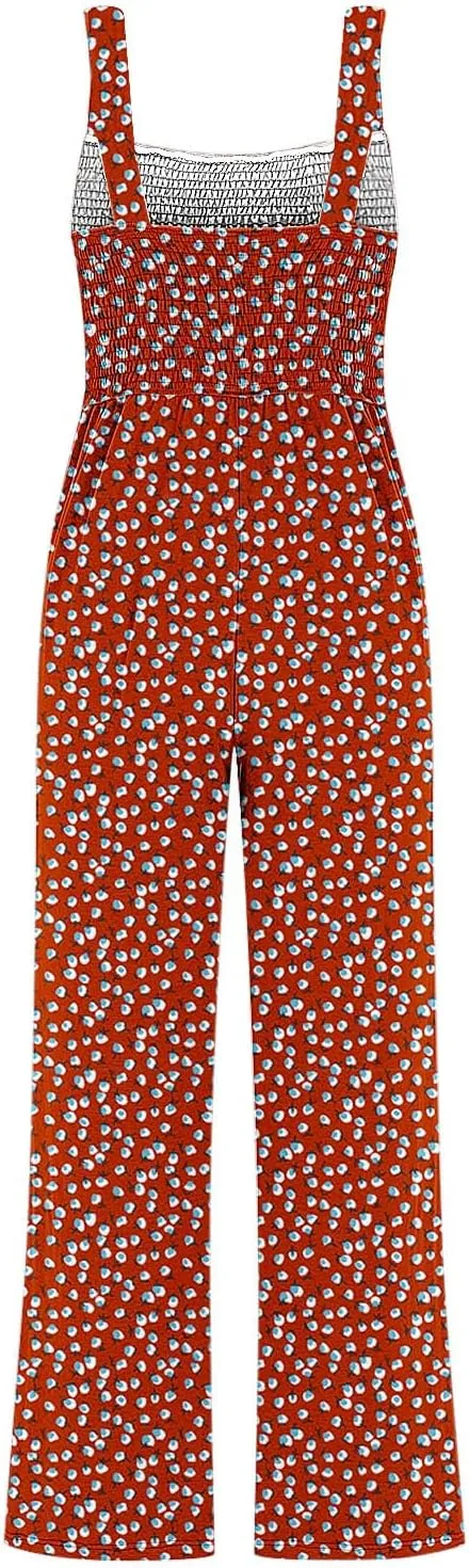 hlysgo Women's Casual Loose Overalls Jumpsuits Summer One Piece Sleeveless Printed Wide Leg Long Pant Rompers with Pockets