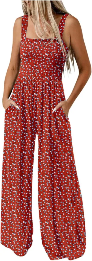hlysgo Women's Casual Loose Overalls Jumpsuits Summer One Piece Sleeveless Printed Wide Leg Long Pant Rompers with Pockets