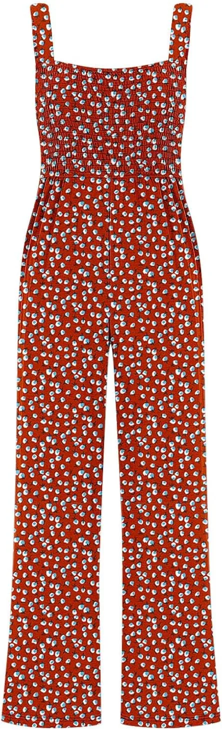 hlysgo Women's Casual Loose Overalls Jumpsuits Summer One Piece Sleeveless Printed Wide Leg Long Pant Rompers with Pockets
