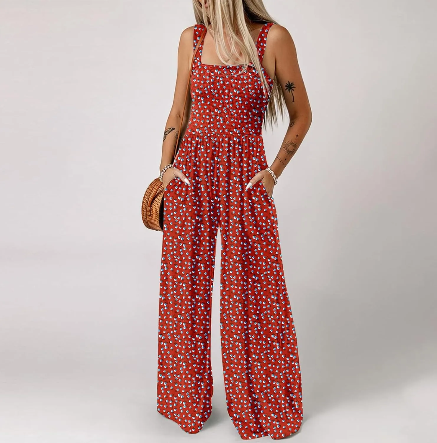 hlysgo Women's Casual Loose Overalls Jumpsuits Summer One Piece Sleeveless Printed Wide Leg Long Pant Rompers with Pockets